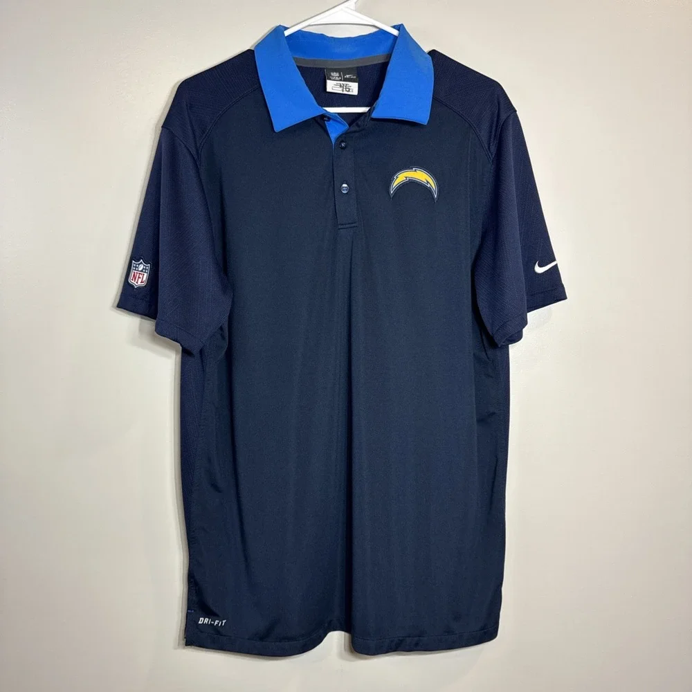 Nike Men's Large Los Angeles Chargers Polo‎ Shirt Blue Dri Fit Bolt NFL Football